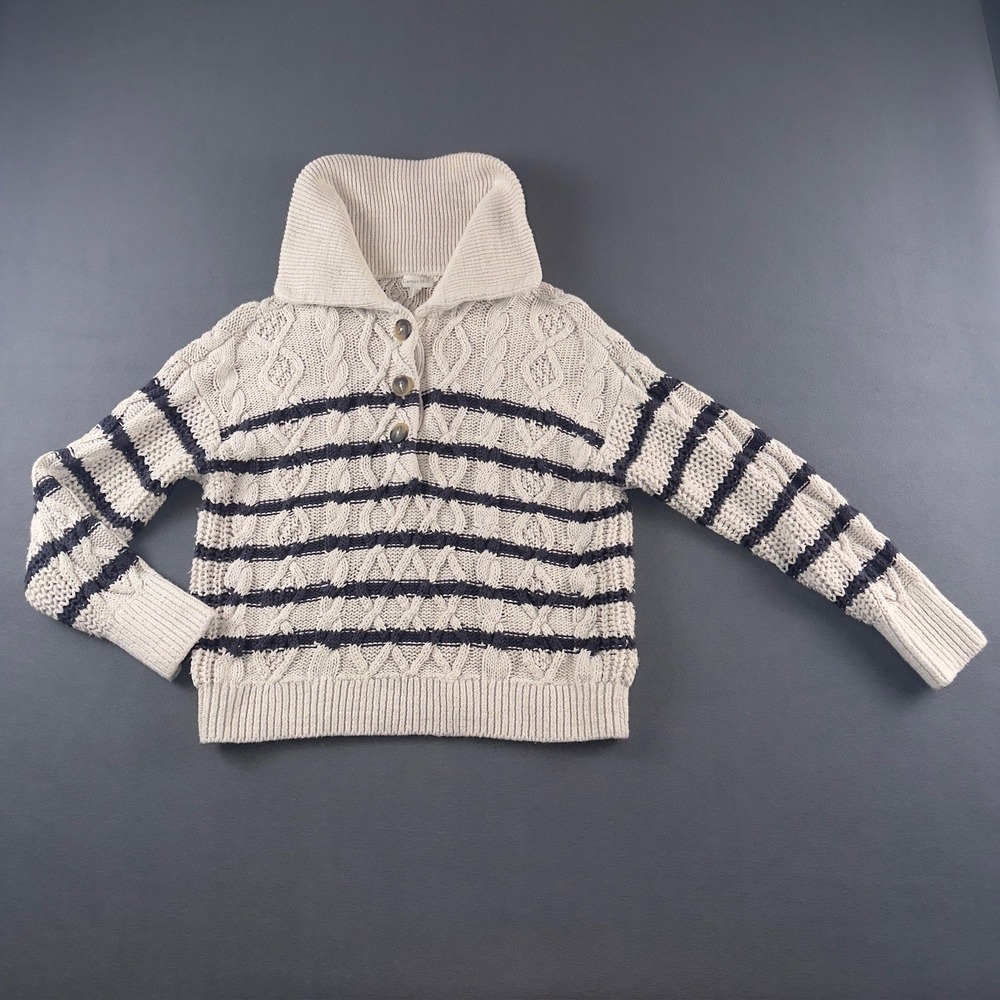 Garnet Hill Linen Organic Cotton Cable Knit Striped Sweater Cream Navy Blue M